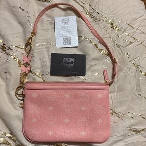 MCM Pink Leather Clutch with Gold Accents